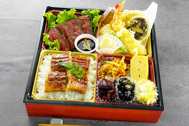 鰻めしと国産牛和風ステーキ、天ぷら盛りの神膳